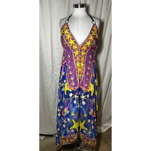 Celina Starfish Seahorse Print Rhinestone Halter Maxi Dress Purple Blue One Size